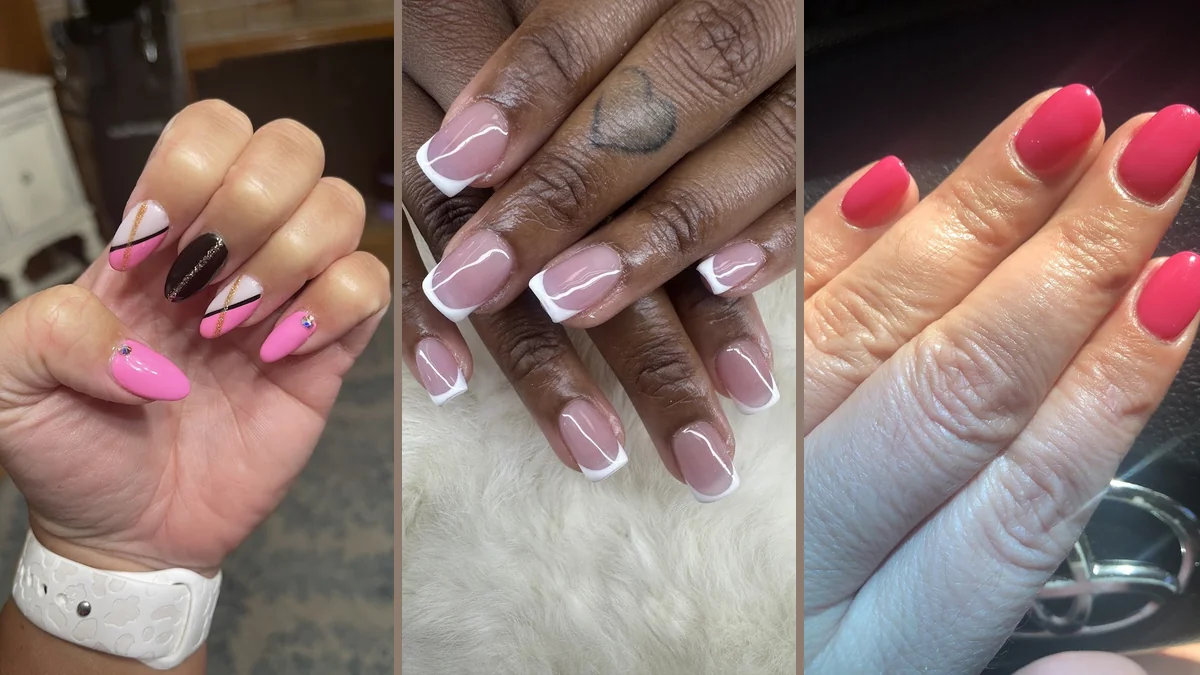 Nail salon interior with manicure stations and polish displays